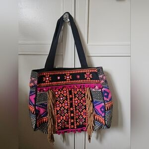 Anthropologie Susanna Vibrant Embroidered Tote - Pink and Black